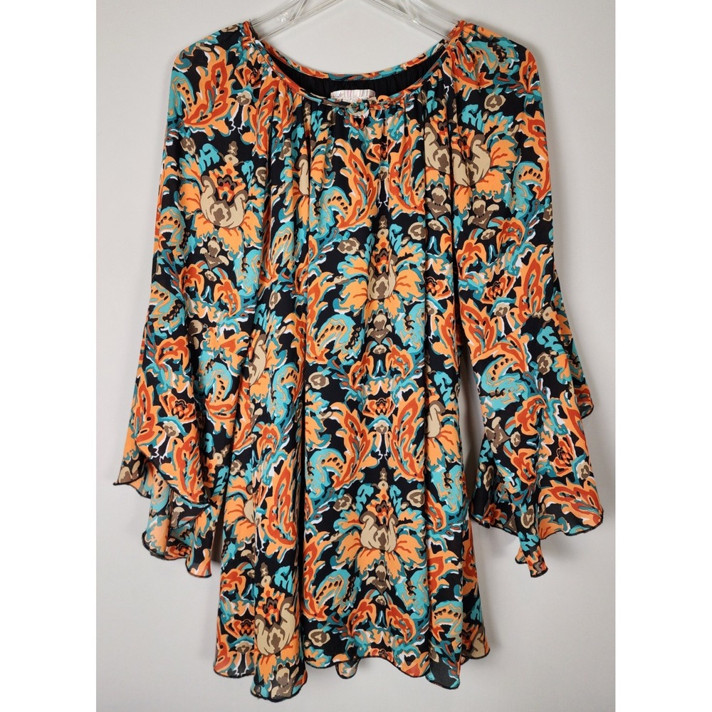 Lady Noiz Tunic Dark Floral‎ Abstract Paisley Print Bell Long Sleeve Womens Sz S
